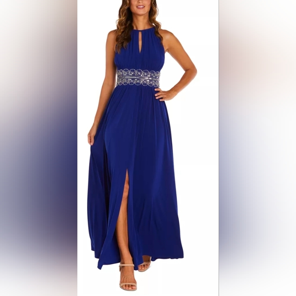 R & M Richards Petit Royal Blue Beaded Maxi Dress 8P